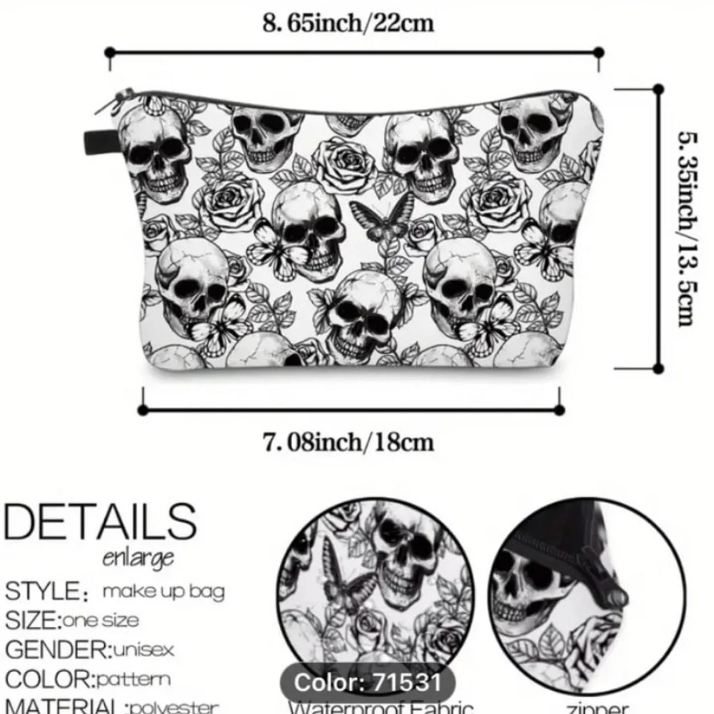 New! Printed Skull Butterfly Rose Pattern Cosmetic Bag, Waterproof Makeup Bag